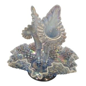 Vtg Fenton Opalescent Hobnail Diamond‎ Lace 3 Horn Bowl